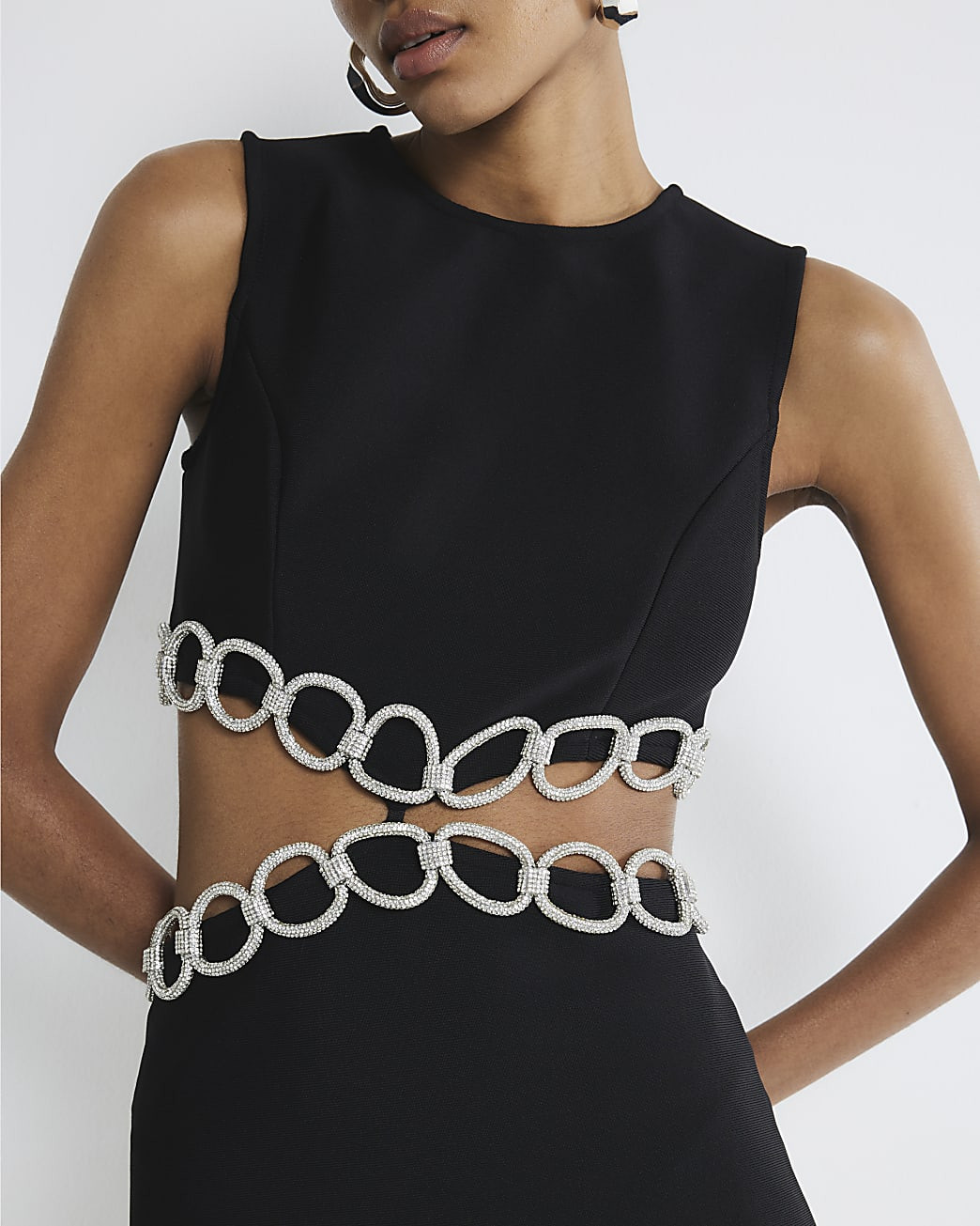 Black Diamante Chain Trim Mini Dress | River Island UK & IE