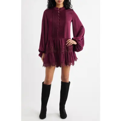 Bardot Antonia Lace Trim Long Sleeve Satin Minidress in Mulberry at Nordstrom, Size 12 | Nordstrom