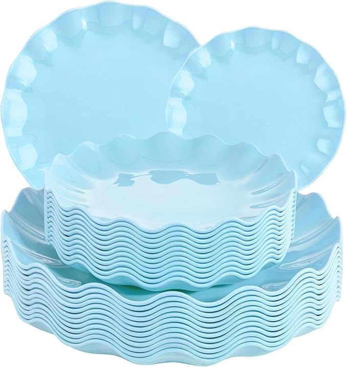 LIYH 24 Pcs Blue Plastic Plates Reusable - Unbreakable Light Blue Easter Scalloped Plates, Dishwa... | Amazon (US)