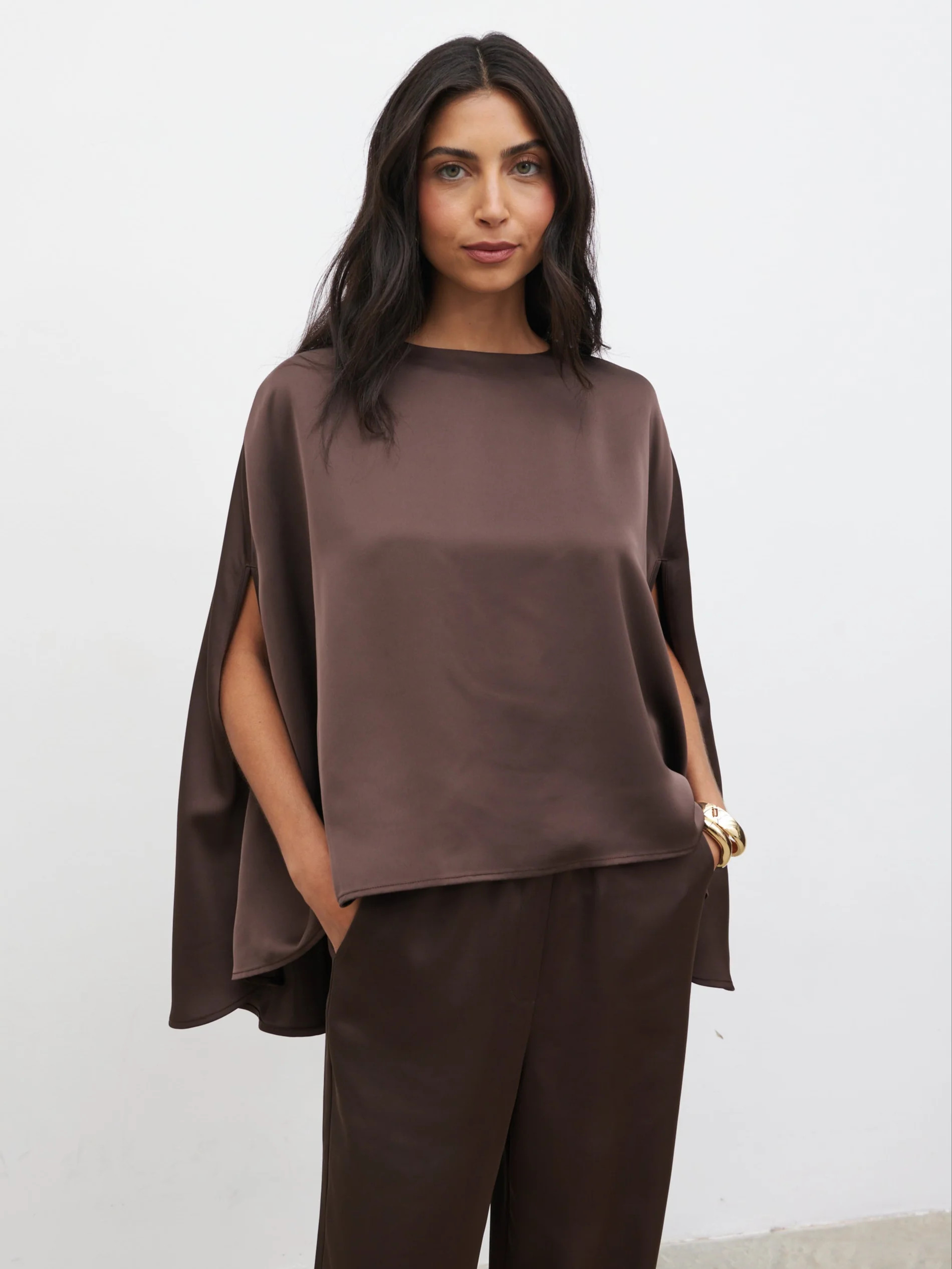 Breya Cape Floaty Satin Top - Chocolate Brown | Pretty Lavish (UK)