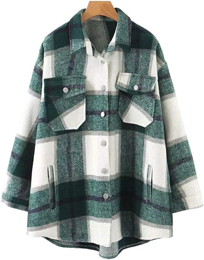 Womens Casual Wool Blend Plaid Lapel Button Down Long Sleeve Shacket Jacket Coat Winter Loose Ove... | Amazon (US)