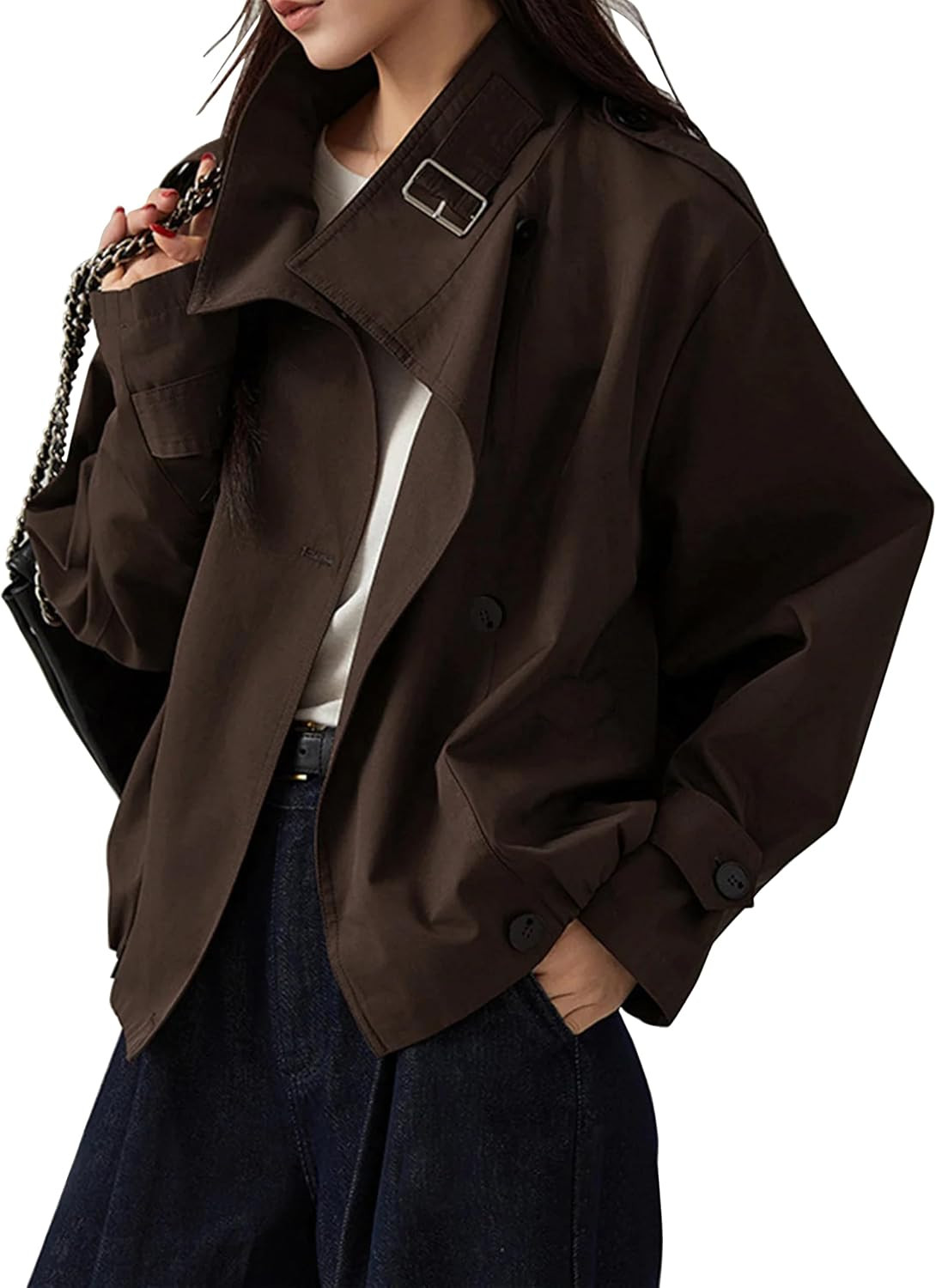 Megfie Jackets for Women Vintage Trench Coat Funnel Neck Cropped Jackets | Amazon (US)
