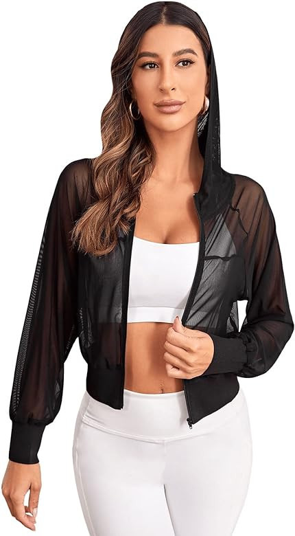 SweatyRocks Women's Activewear Long Sleeve Hooded Sheer Mesh Sports Jacket Workout Crop Top | Amazon (US)