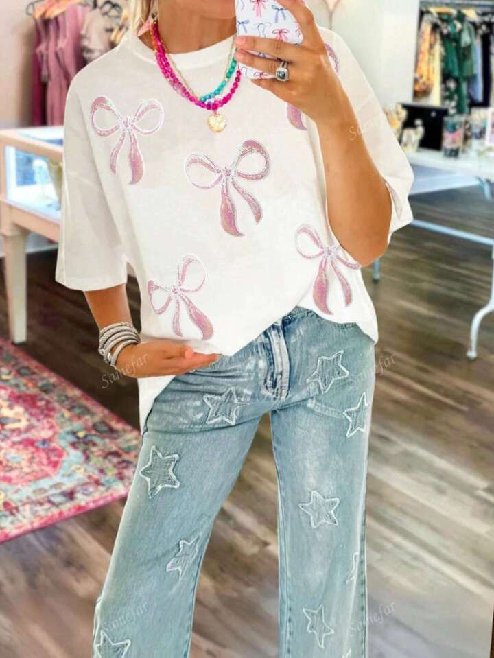 Spring Summer Sequin Bow Knot Drop Shoulder Tee | SHEIN