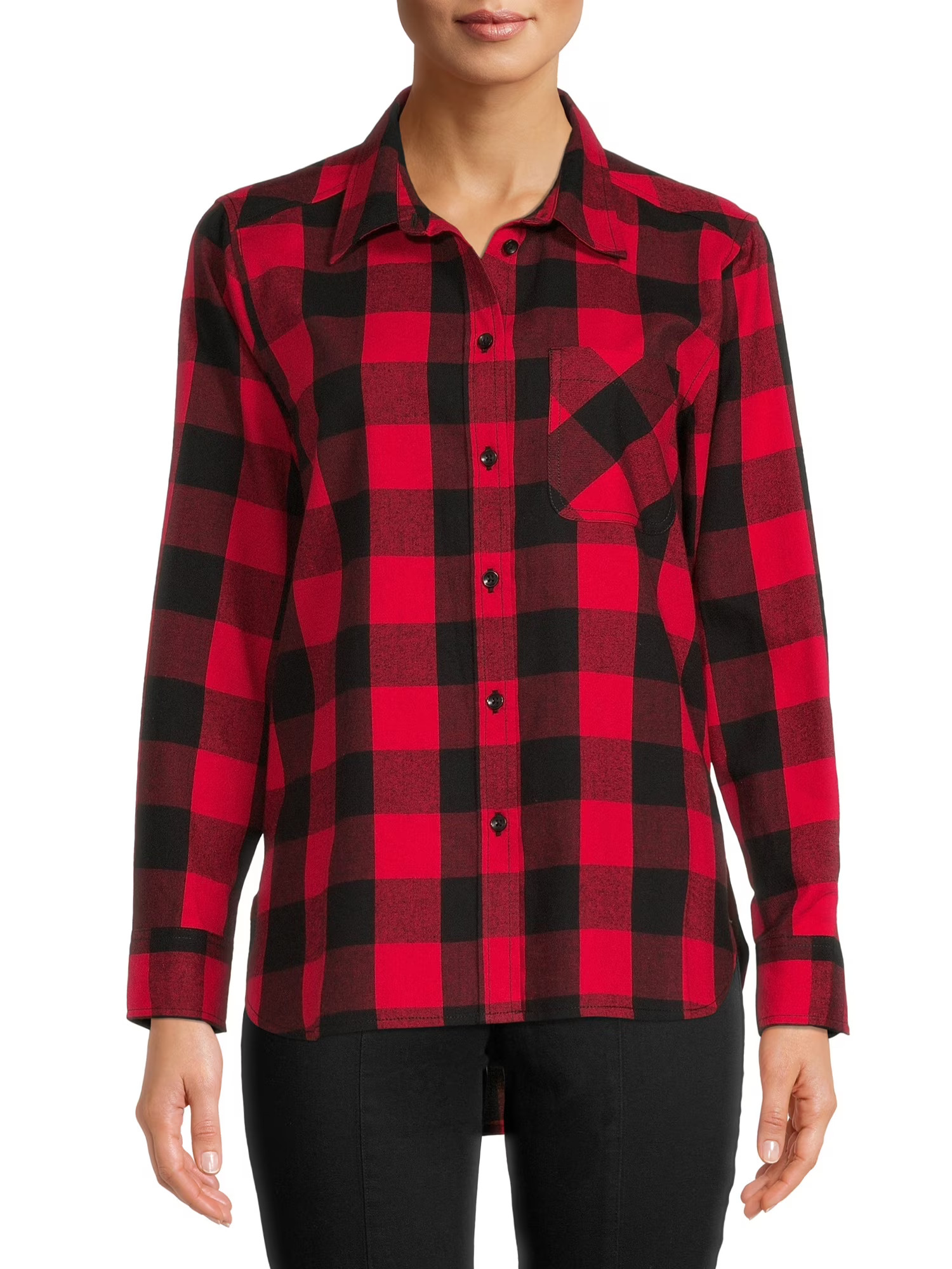 Time and Tru Women's Plaid Button Front Shirt - Walmart.com | Walmart (US)