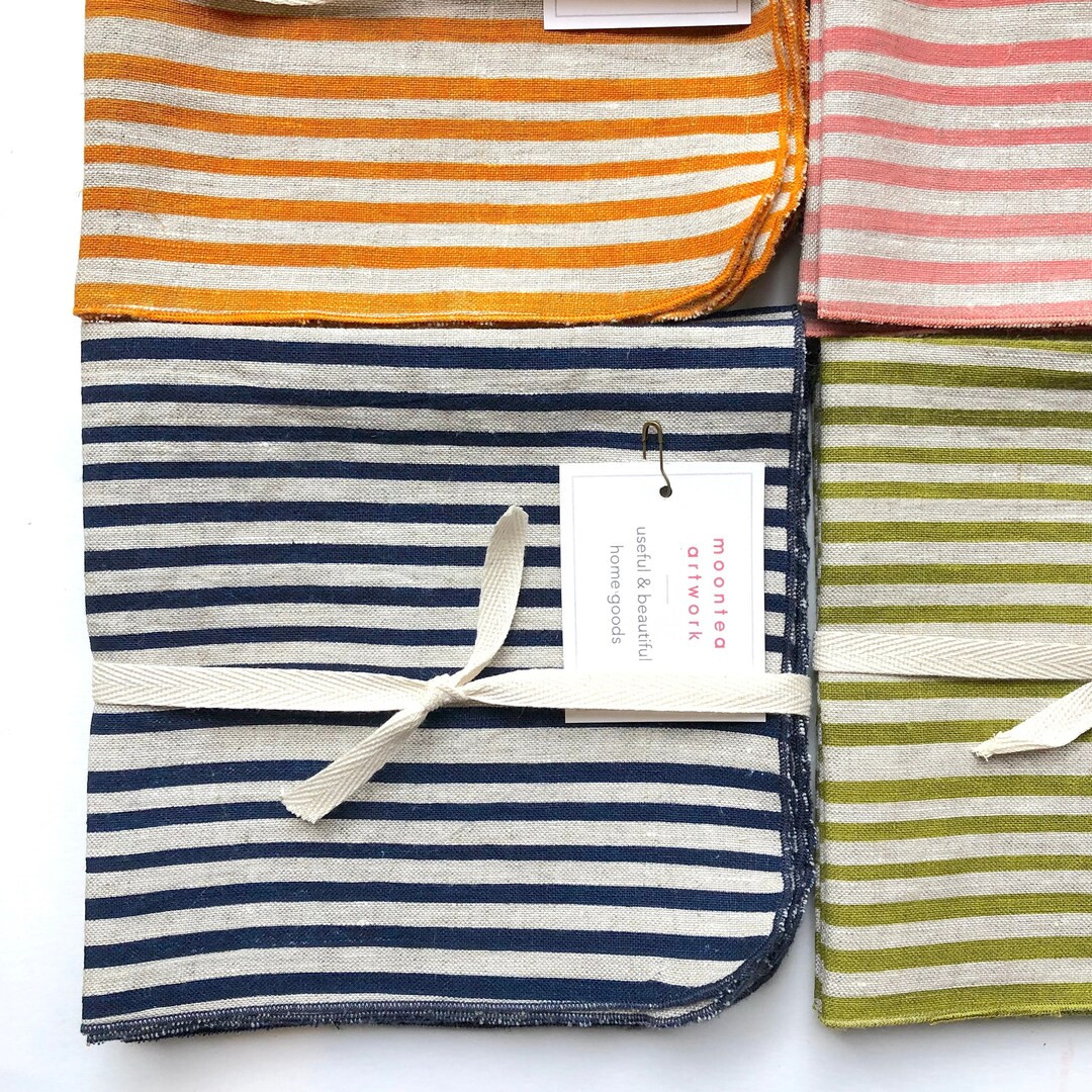 Navy Blue Striped Linen Napkins, Hand Printed | Etsy (US)