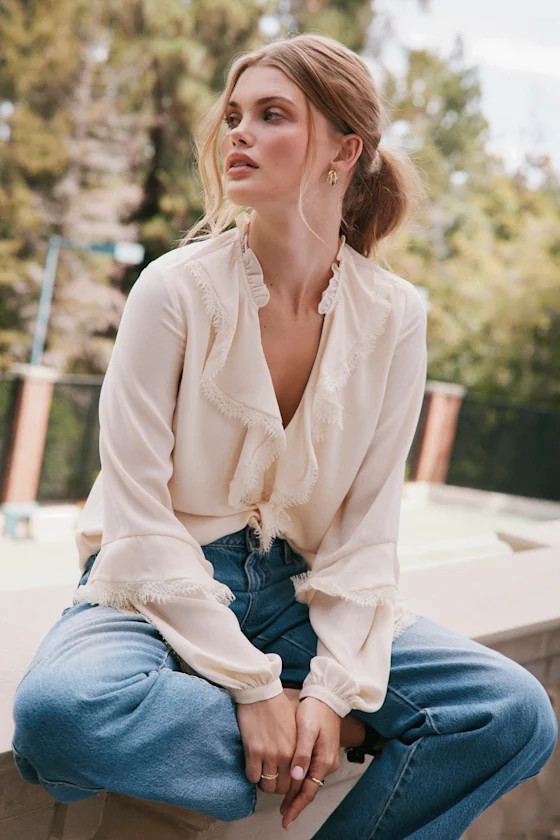 Jess Cream Ruffled Lace Long Sleeve Top | Lulus