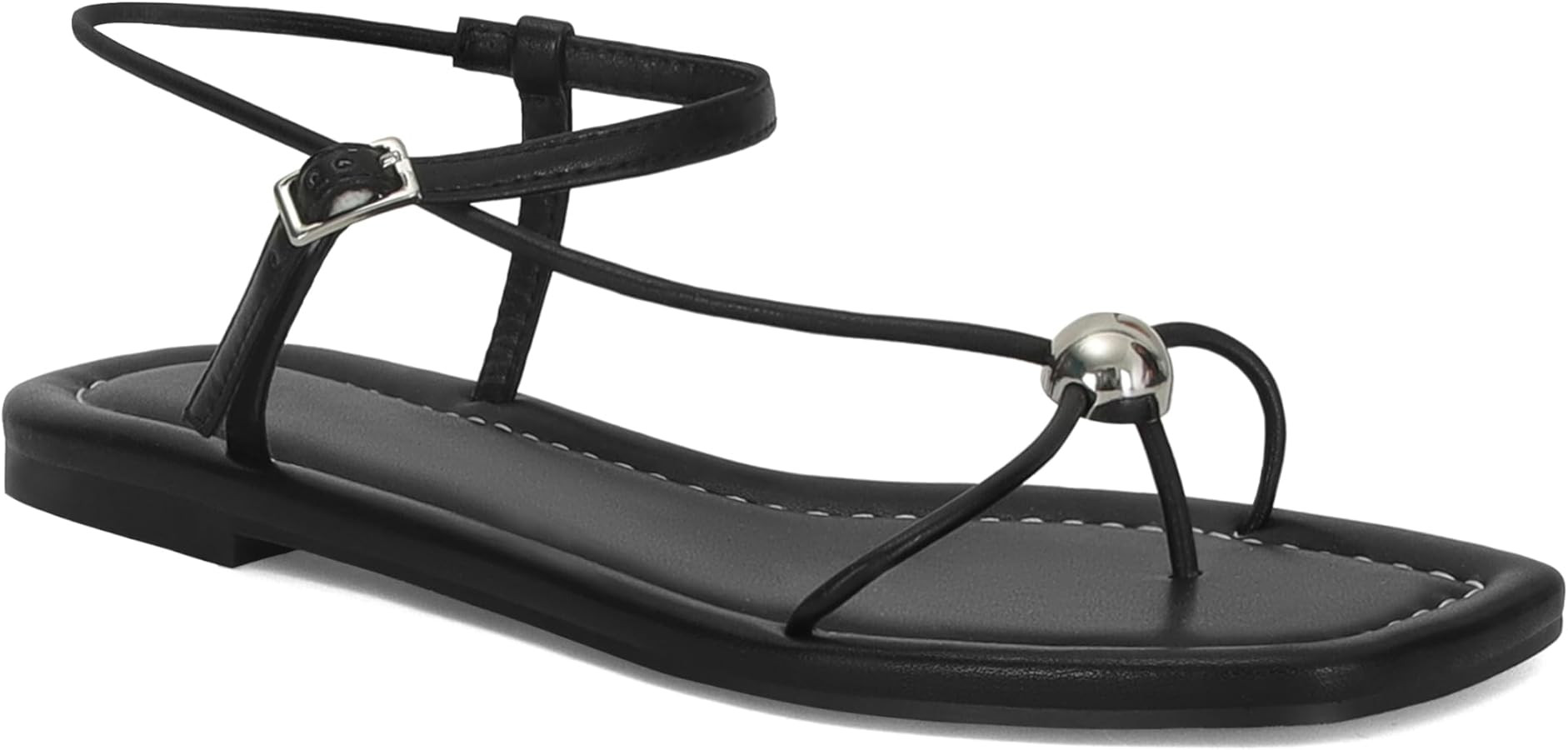 Black Strappy Flat Sandals for Women Comfortable Open Square Toe Sandals Dressy Beach Thong Flip ... | Amazon (US)