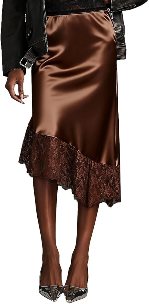 Women Lace Satin Maxi Skirt Y2K Lace Trim Silk Half Slip Skirt High Waist Silk A Line Long Unders... | Amazon (US)