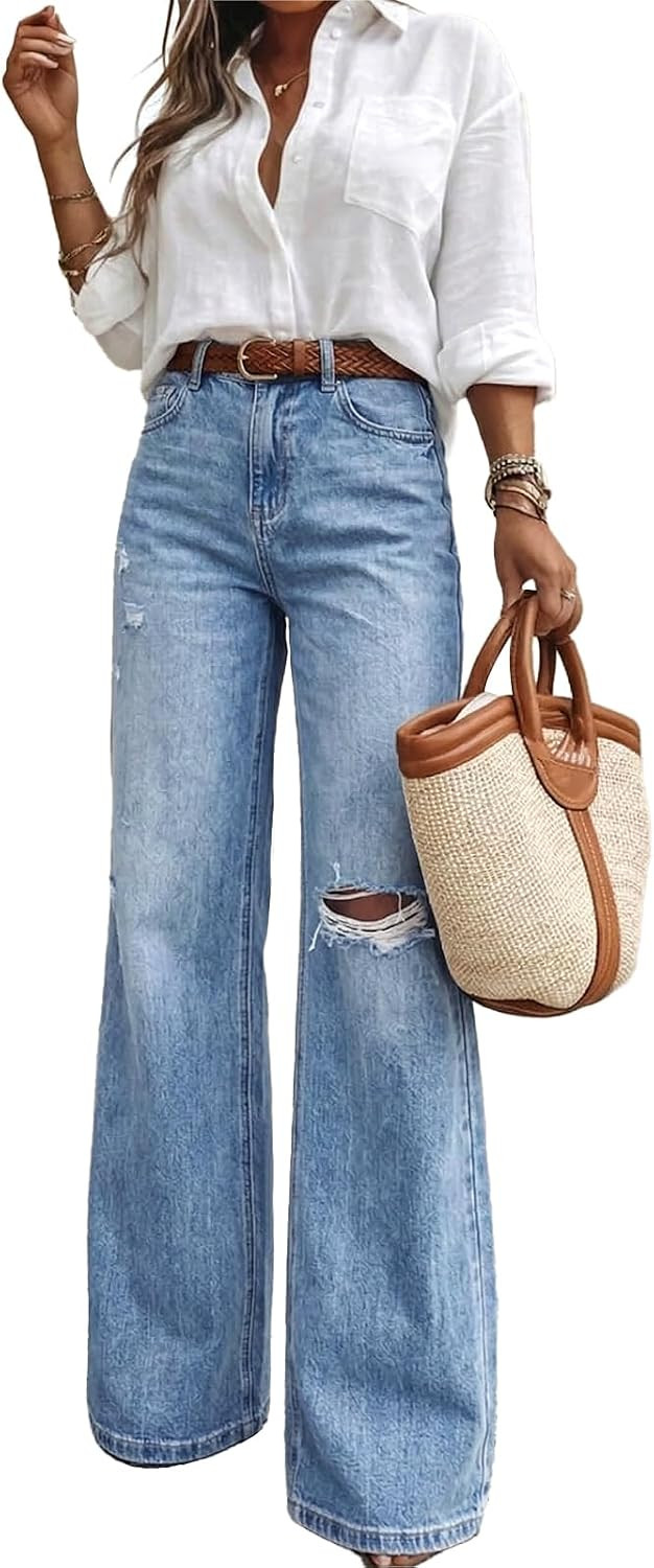 Bell Bottom Jeans for Women High Waisted Ripped Flare Denim Pants Long Inseam Light Stretch Blue Jeans | Amazon (US)