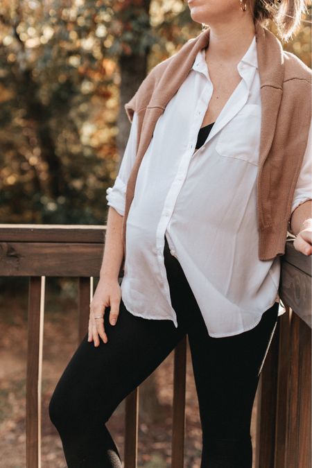 maternity style, bump style, fall maternity, fall bump friendly outfit: white button-up shirt, black maternity leggings, neutral sweater, everyday bralette 

#LTKunder100 #LTKstyletip #LTKbump