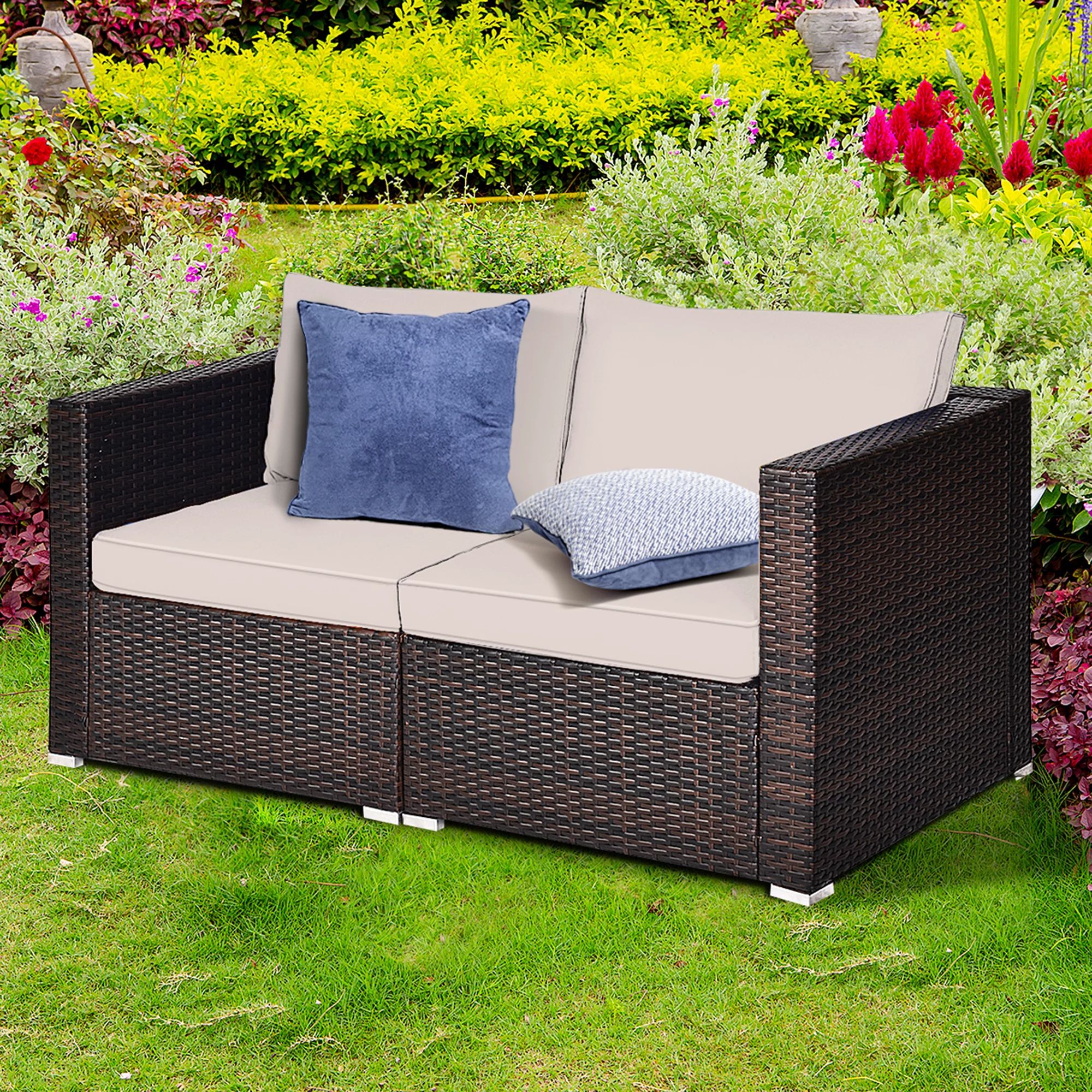 Gymax 2PCS Rattan Corner Sofa Set Patio Outdoor Furniture Set w/ 4 Beige Cushions | Walmart (US)