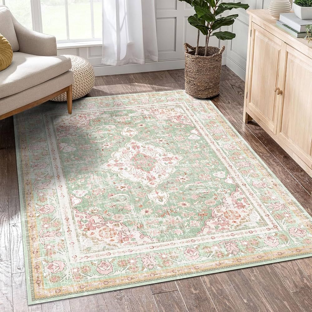 Washable Area Rugs Boho Vintage Modern Neutral Small Carpet Green and Pink High Traffic Rugs 3×5... | Amazon (US)