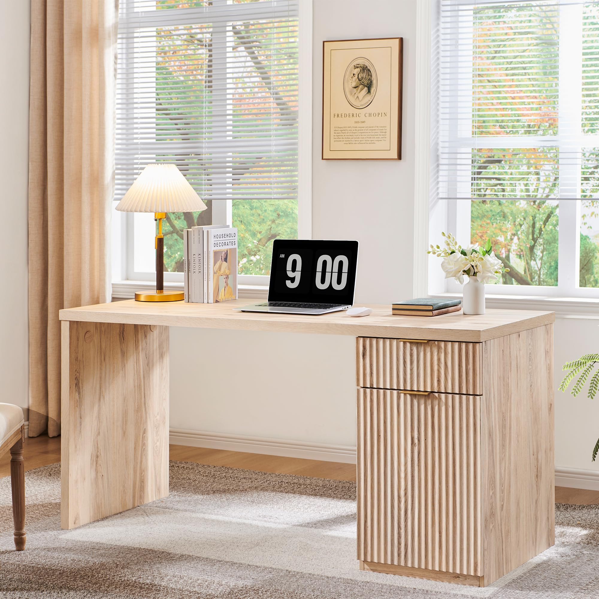 JXQTLINGMU 60" Modern Executive Desk with Storage, Wood Home Office Desk with Drawer & Cabinet, F... | Amazon (US)