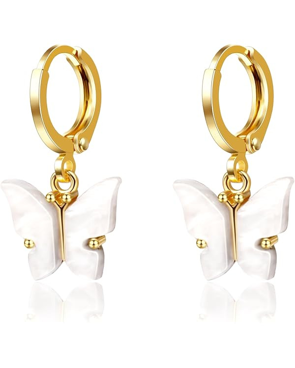 Gold Dangle Earrings, 14K Gold Plated Small Huggie Hoop Earrings with Clover Charms, Dainty Drop ... | Amazon (US)