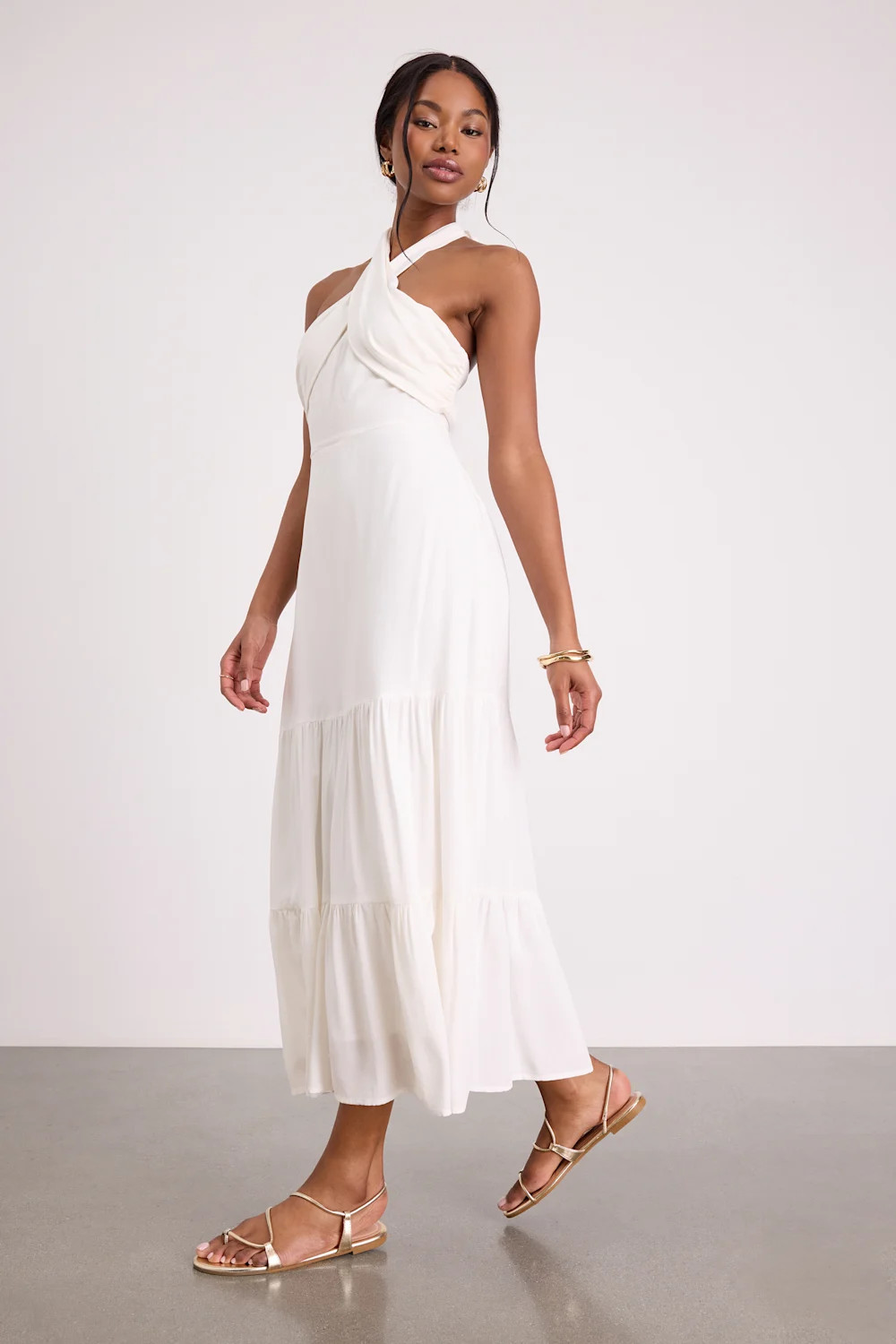Always Eye-Catching White Tiered Halter Midi Dress | Lulus