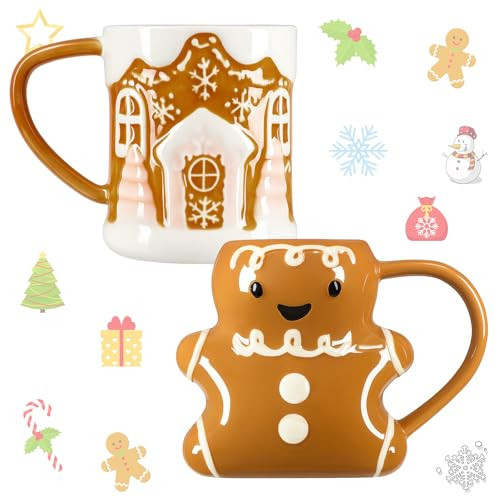 LemonRoad 2 Pcs 14 oz Christmas Cute Coffee Mugs Gingerbread Man and House Ceramic Novelty Ceramic 3D Cocoa Cups Vintage Happy Christmas Mugs Gifts for Hot Chocolate Cocoa Milk Tea Coffee Lover | Amazon (US)
