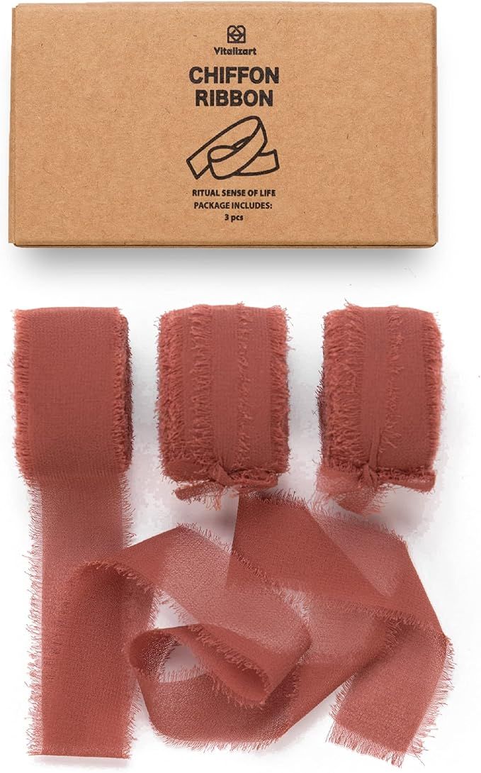 Vitalizart Rust Red Chiffon Silk Ribbon 1" x 21Yd Fringe Fabric Eco-Friendly Package (3 Rolls *7Y... | Amazon (US)