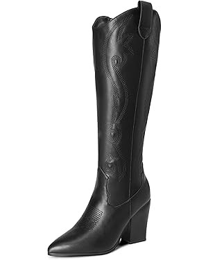 DREAM PAIRS Cowboy Boots For Women, Comfortable Pull On Zipper Chunky Heel Pointed Toe Embroidere... | Amazon (US)