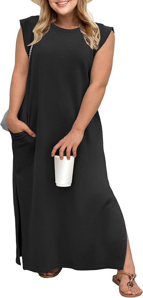 OLRIK 2025 Summer Women's Plus Size Maxi Dresses for Curvy Women Casual Split Long Dress with Poc... | Amazon (US)