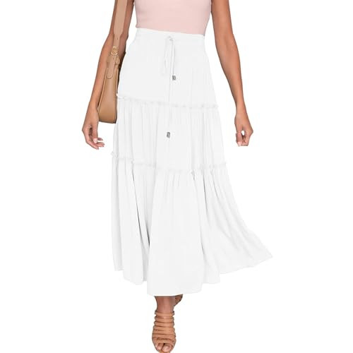 Women's Casual Maxi Long Skirts A Line Hidden Elasticized Waistband Skirt Flowy Pleated Tiered Swing Beach Skirt Dress Black L | Amazon (US)