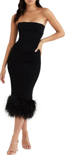 Fionula Strapless Feather Hem Midi Dress | Nordstrom