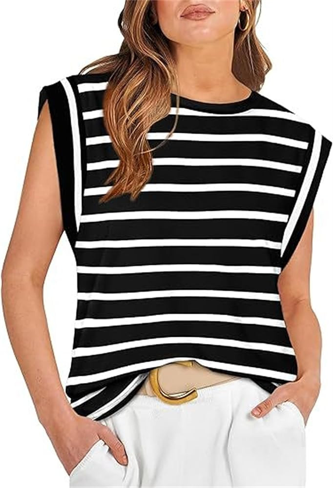 Womens Summer Crewneck Tank Top Sleeveless 2024 Summer Fashion Loose Casual with Front Basic Tee ... | Amazon (US)