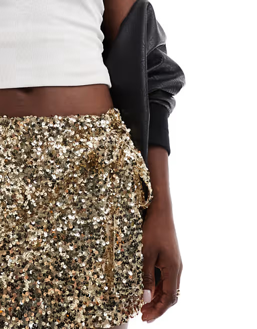 ASOS DESIGN sequin tie side wrap skort in gold | ASOS | ASOS (Global)