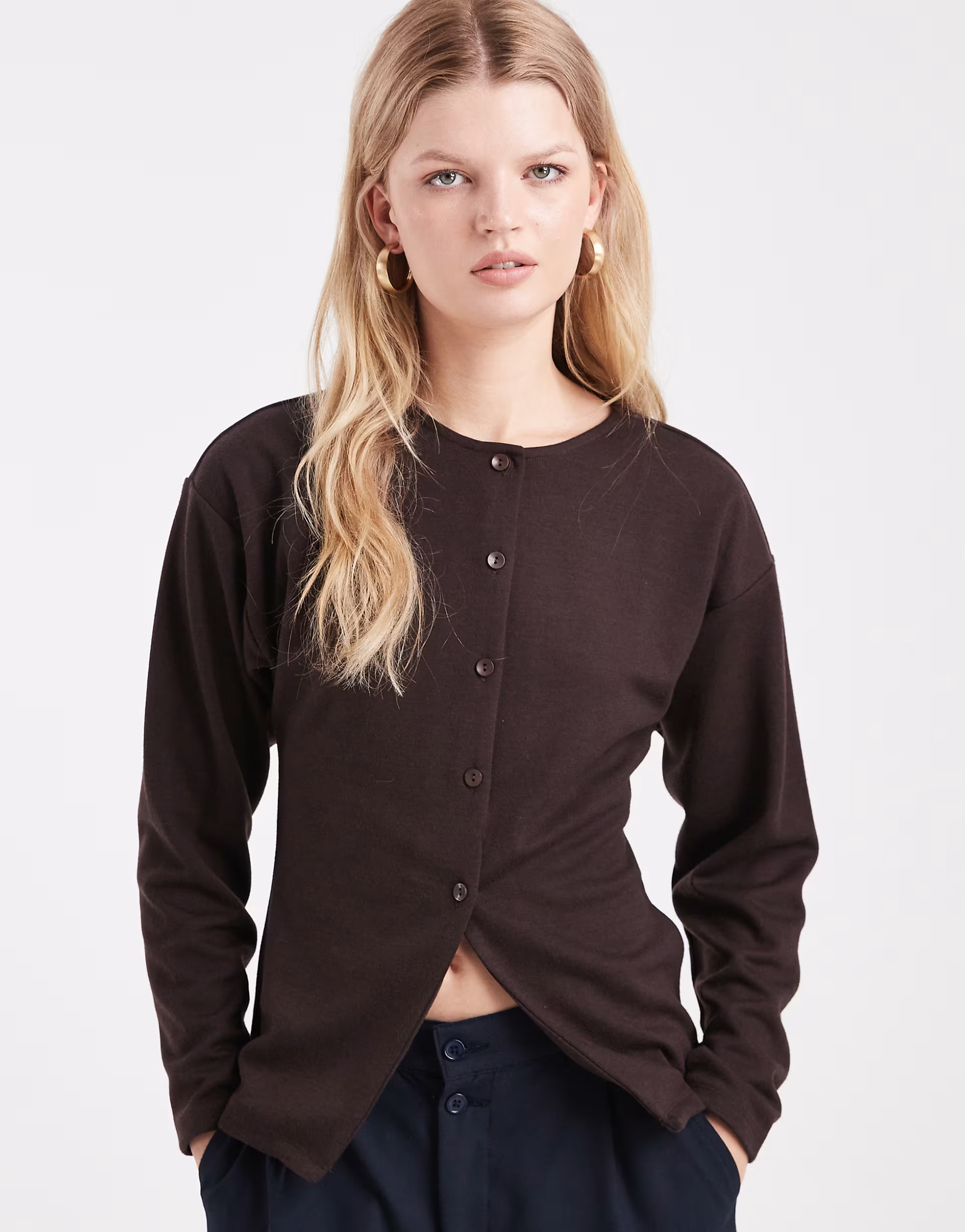 ASOS DESIGN interlock longline split front cardigan in brown | ASOS | ASOS (Global)