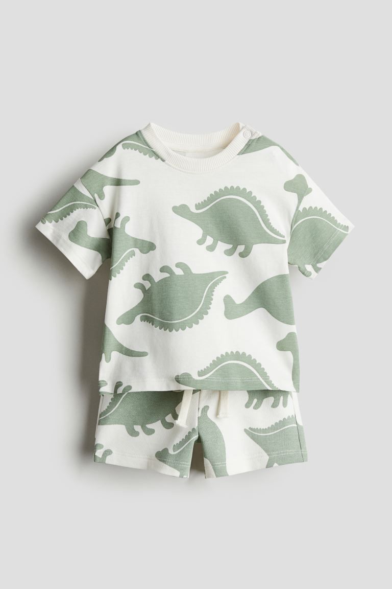 2-piece Shirt and Shorts Set - Cream/dinosaurs - Kids | H&M US | H&M (US + CA)