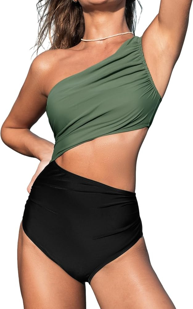 CUPSHE Women's One Piece Swimsuit One Shoulder Color Block Side Cutout Ruched Bathing Suit | Amazon (US)