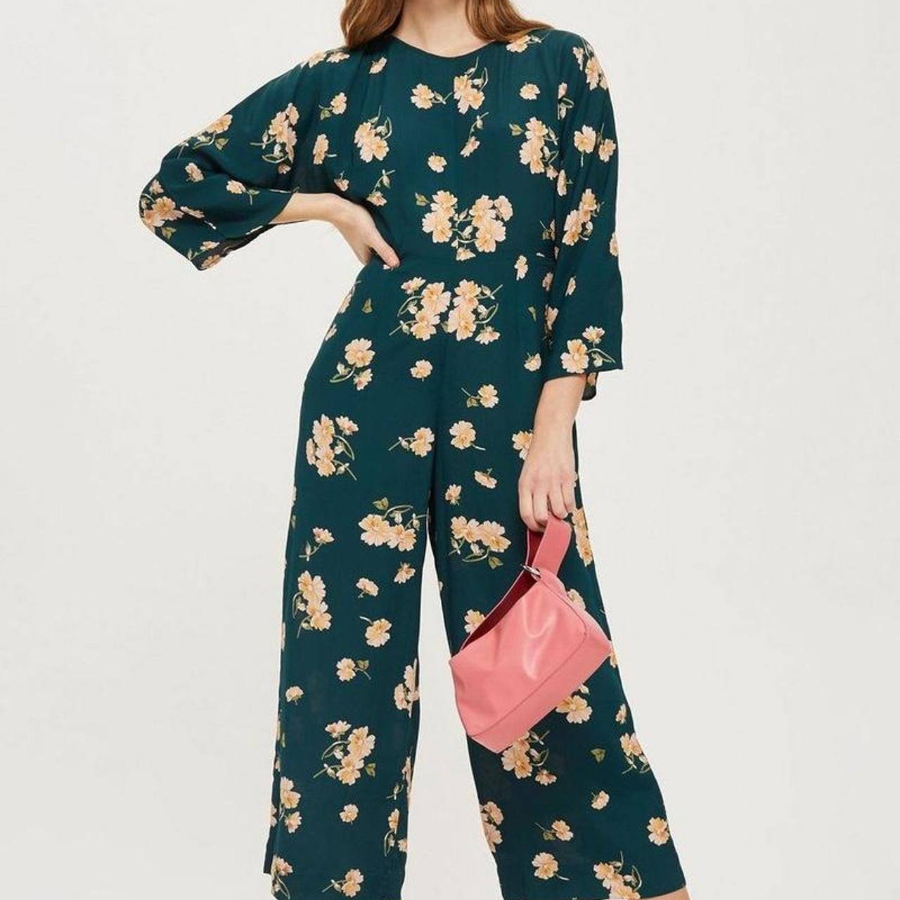 Topshop Women's Palazzo Jumpsuit - Green/Multi - 6 | Depop US