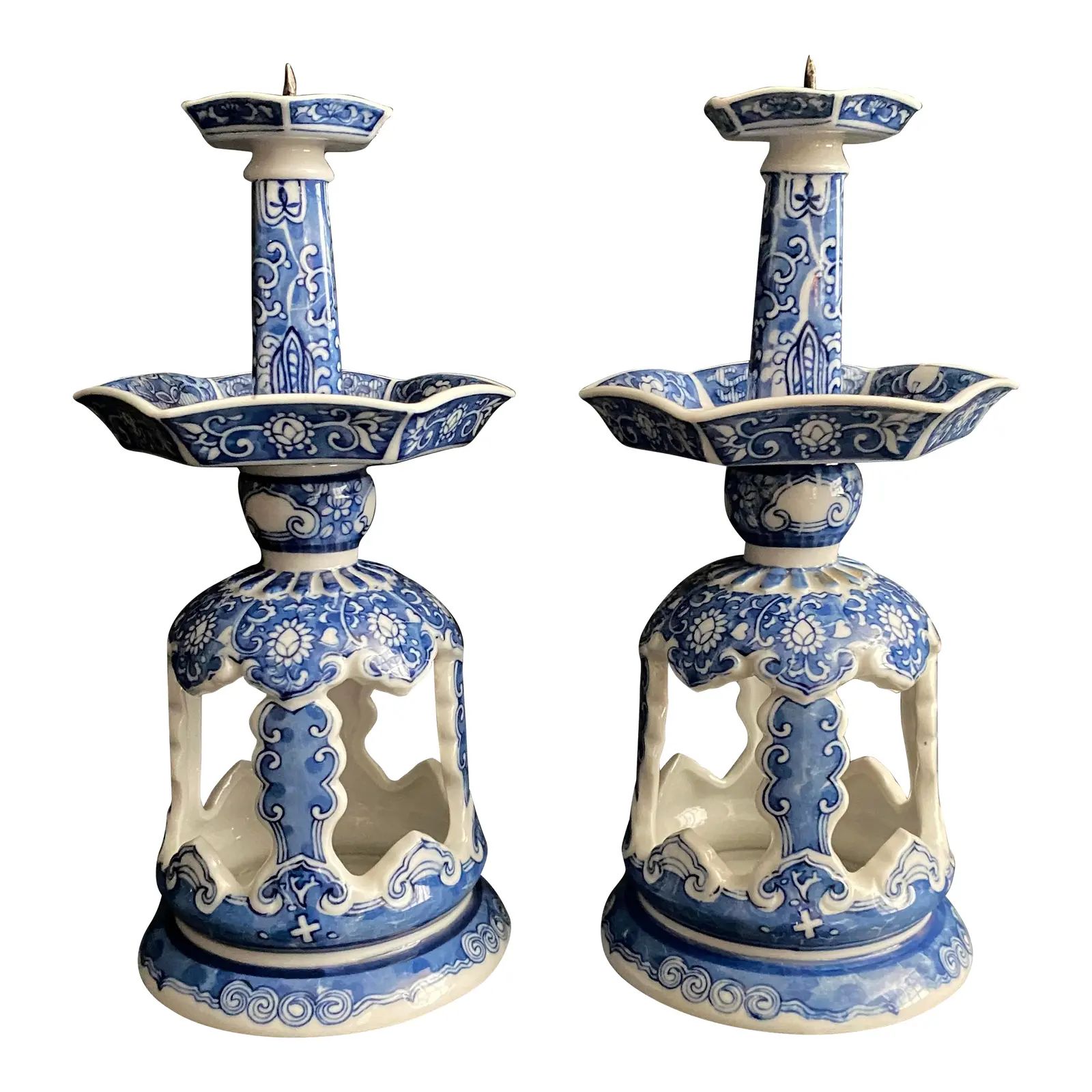 Vintage Pair of Chinese Pierced Porcelain Blue & White Candlesticks | Chairish