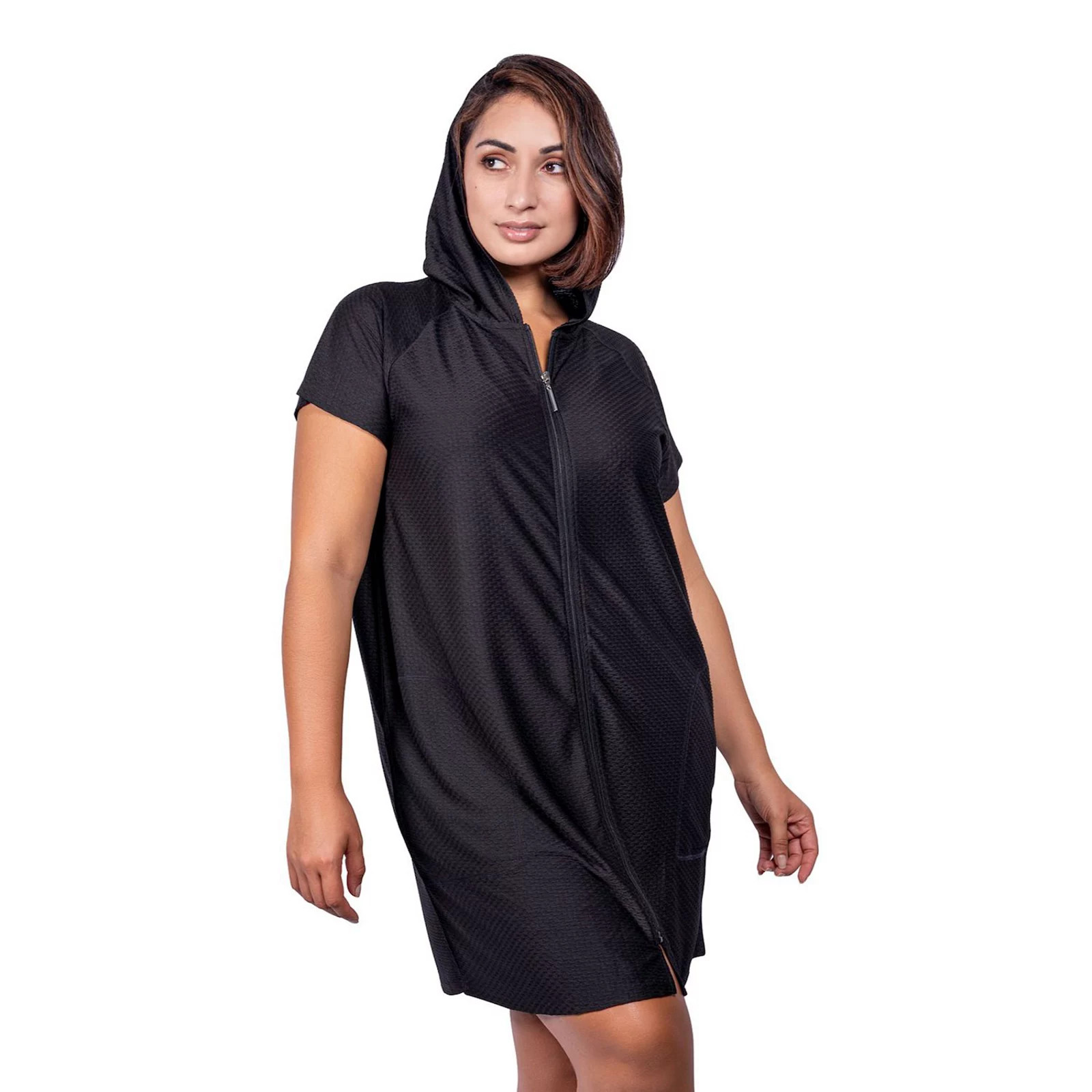 Plus Size Jordan Taylor Hooded Zip-Front Swim Cover-Up, Women's, Size: 1XL, Black | Kohl's