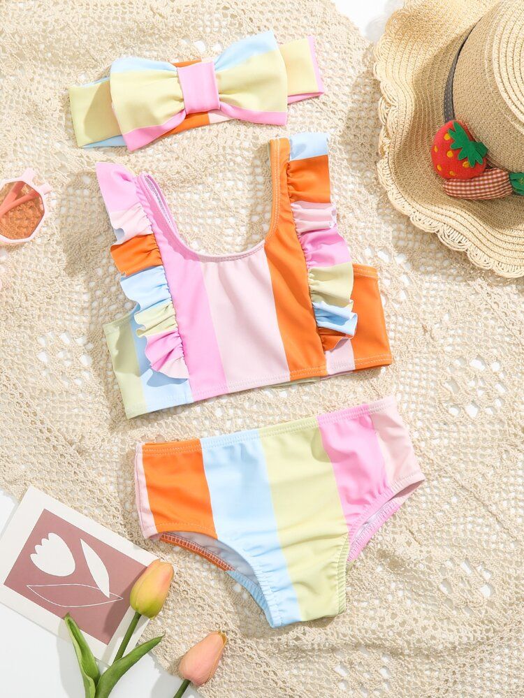 Baby 3pack Colorblock Ruffle Trim Bikini Swimsuit & Headband | SHEIN