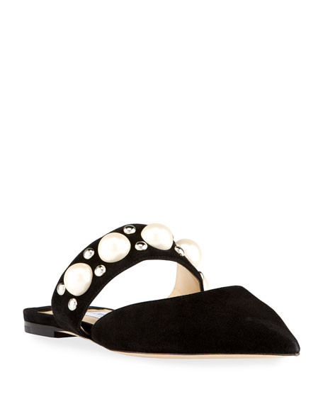 Jimmy Choo Basette Pearly Stud Suede Flat Mules | Neiman Marcus