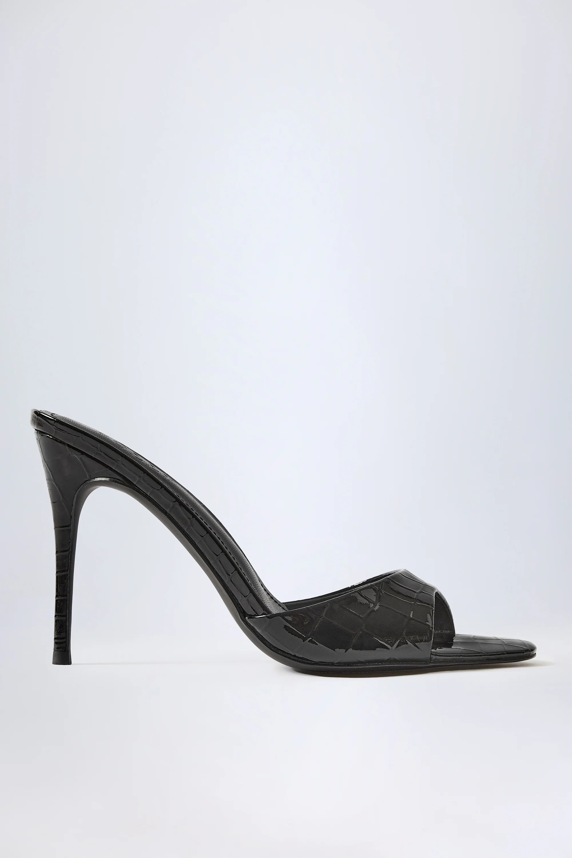 Almond-Toe Heeled Mules in Croc Patent Black | Oh Polly