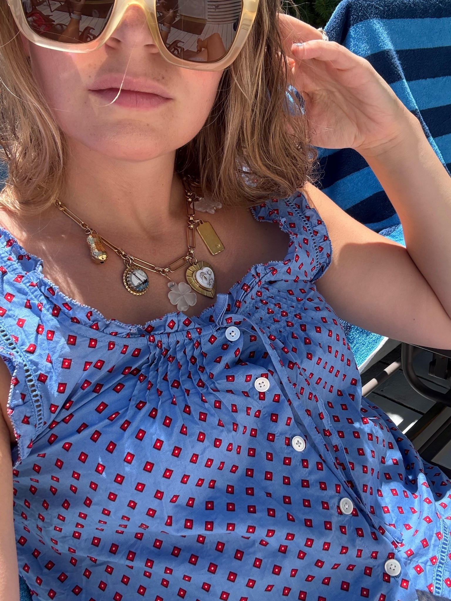 Sunglasses, sleeveless blouse, charm necklace, east coast fashion, east coast summer, vintage, bandana print

#LTKootd #LTKTravel #LTKSeasonal