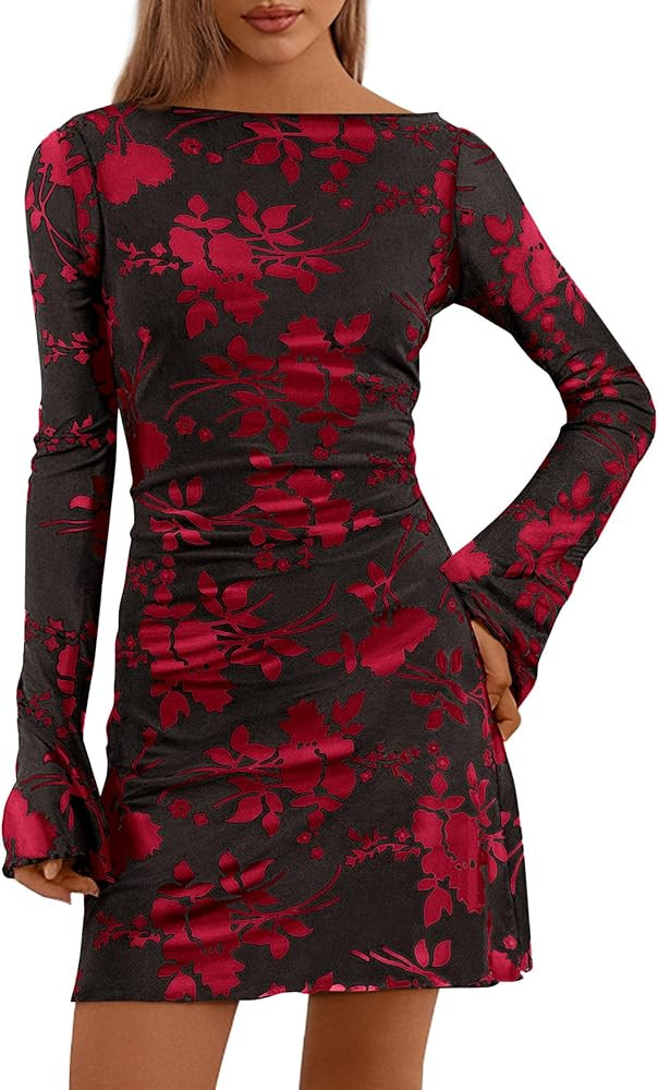PRETTYGARDEN Women's 2025 Fall Fashion Floral Long Sleeve Mini Dress Mesh Bodycon Short Party Dat... | Amazon (US)