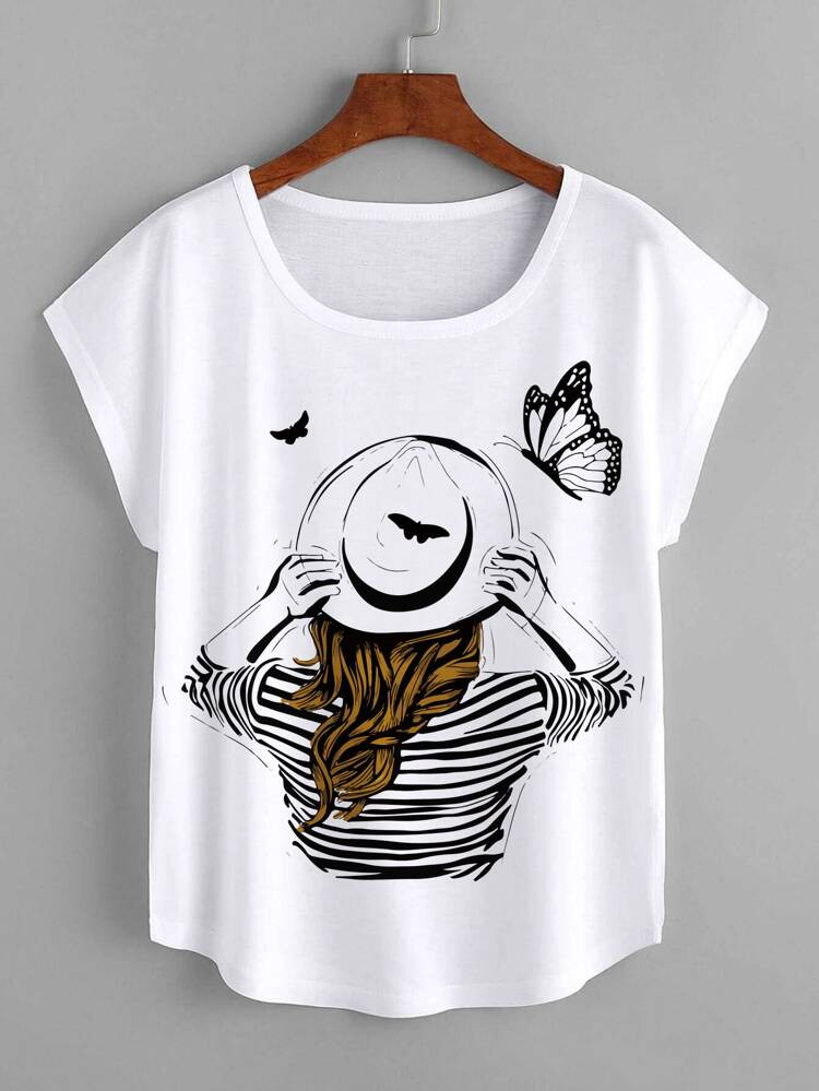 Figure And Butterfly Print Tee | SHEIN