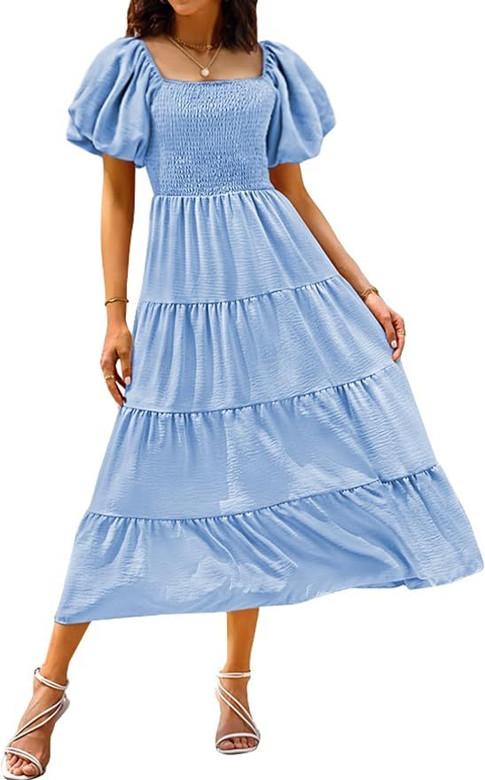 Women's 2024 Summer Dresses Square Neck Puff Short Sleeve Casual High Waist Flowy A Line Smocked ... | Amazon (US)