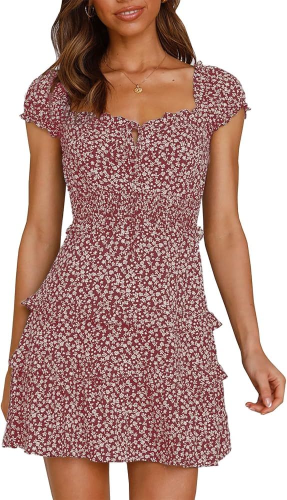 YOBECHO Womens Sweetheart Neckline High Waist Floral Print Beach Mini Dress | Amazon (US)