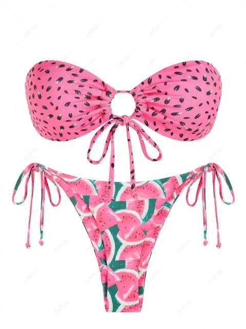 ZAFUL Ribbed Watermelon Speckled Bandeau Bikini Swimwear | ZAFUL (Global)