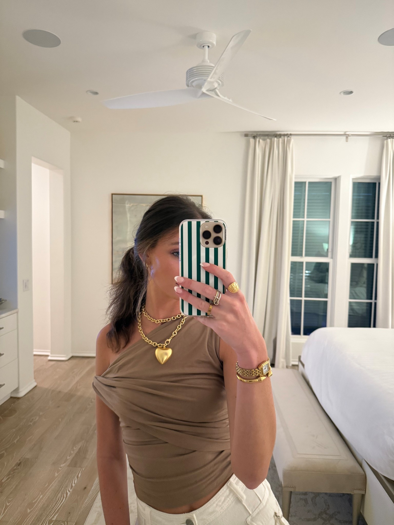 Mocha off the shoulder top superdown from revolve. White cargo denim shorts from superdown on revolve. Chunky gold heart necklace. Gold watch from amazon. Affordable fashion. Neutral outfit. Revolve finds. Amazon finds. Travel outfits. Vacation outfits. Beach outfit. Dinner outfit. Brunch outfit. Resort looks. Preppy outfit. Minimalistic outfit. 

#LTKStyleTip #LTKTravel #LTKSeasonal