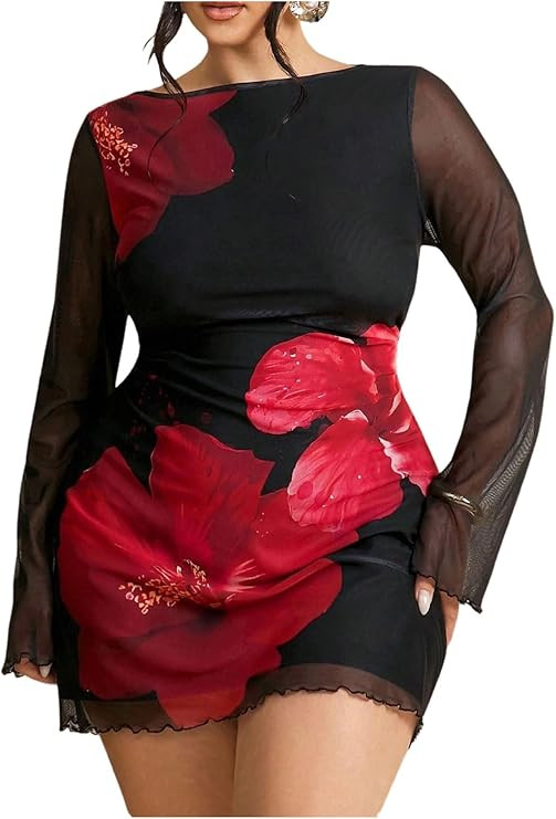 WDIRARA Women's Plus Size Floral Dress Boat Neck Mesh Long Bell Sleeve Bodycon Mini Dresses | Amazon (US)