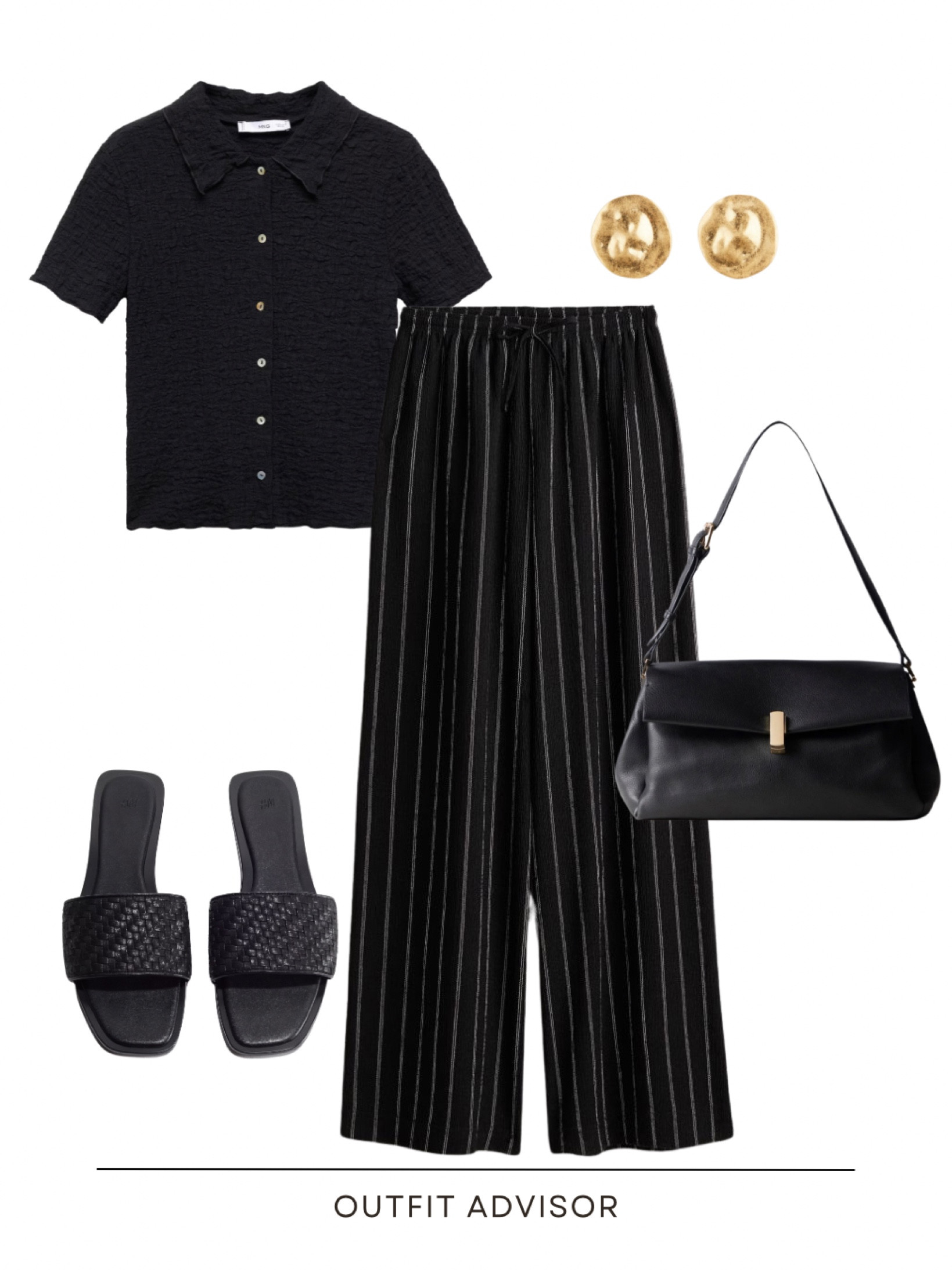 Chic summer outfit idea: striped linen pants, a cotton button up top, gold round earrings and vowen black slides.

#LTKsummer #LTKstyletip #LTKbag