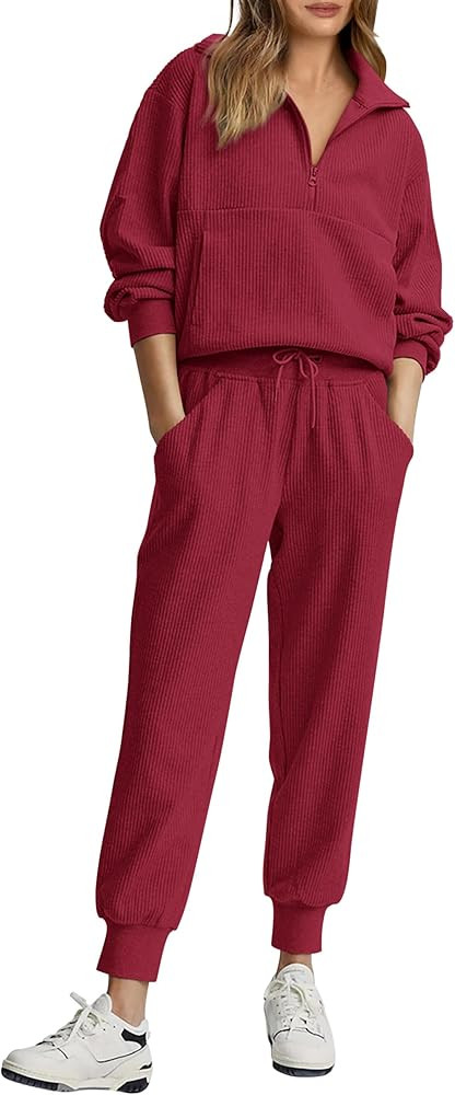 PRETTYGARDEN Womens 2 Piece Sweatsuits Set Long Sleeve Half Zip Pullover Sweatshirt Joggers Sweat... | Amazon (US)