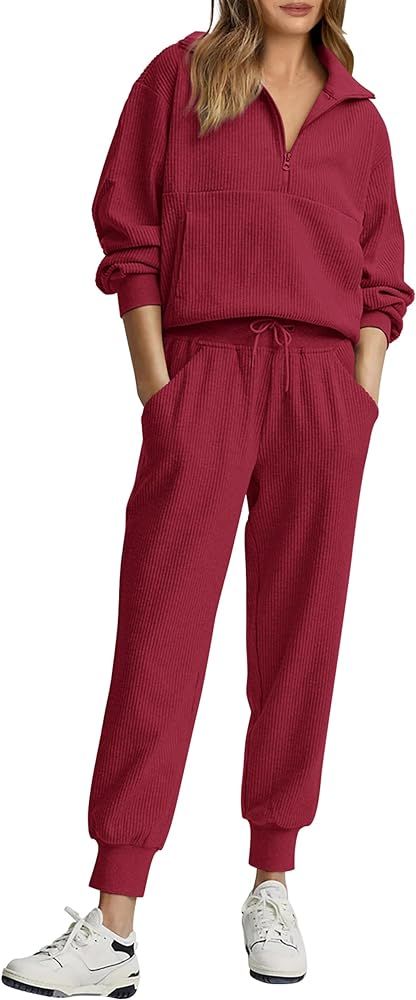 PRETTYGARDEN Womens 2 Piece Sweatsuits Set Long Sleeve Half Zip Pullover Sweatshirt Joggers Sweat... | Amazon (US)