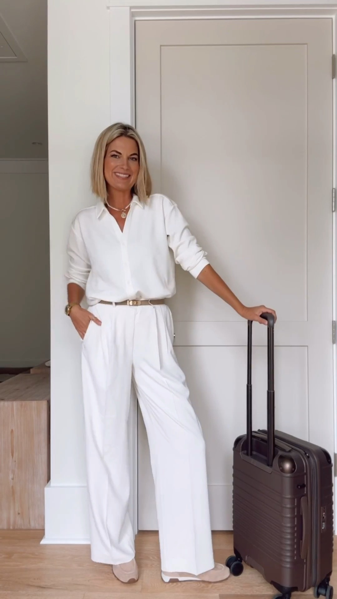 Use my new customer discount RACHELXSPANX on the shirt (small) and trousers (small tall). I am 5’11” for reference.  Shoes true to size.  Carry on suitcase.

#LTKSaleAlert #LTKTravel #LTKTall