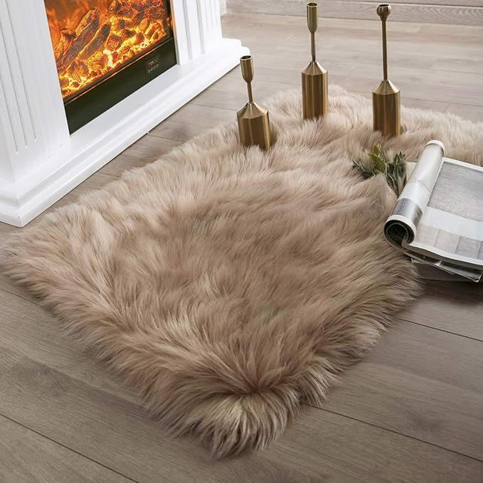 Ashler Faux Fur Beige Rectangle Area Rug Indoor Ultra Soft Fluffy Bedroom Floor Sofa Living Room ... | Amazon (US)